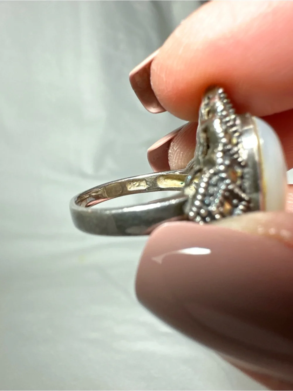Vintage Art Deco Mother of Pearl & Marcasite Statement Ring Size 7